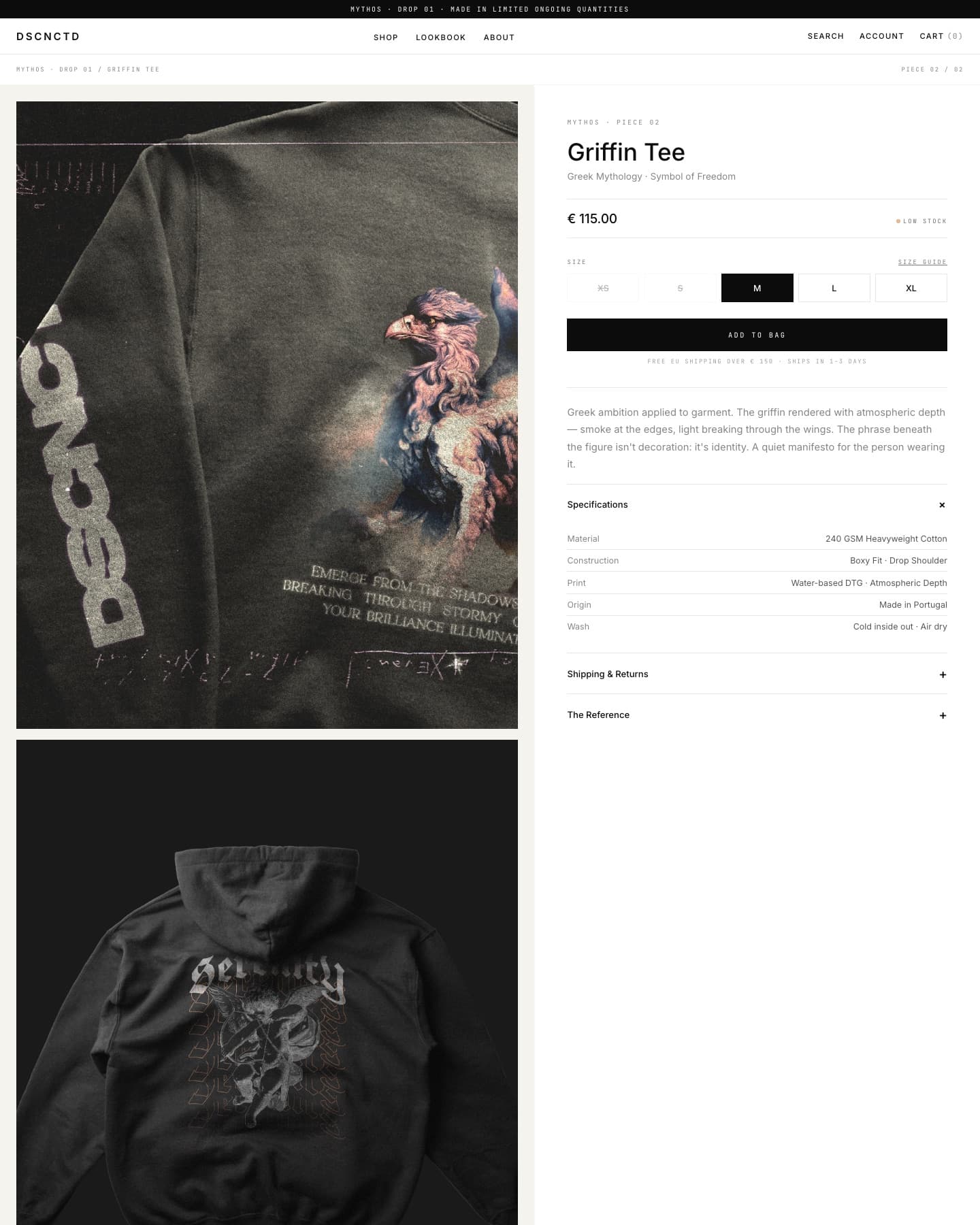 DSCNCTD product detail · Griffin Tee, €115, Add to Bag
